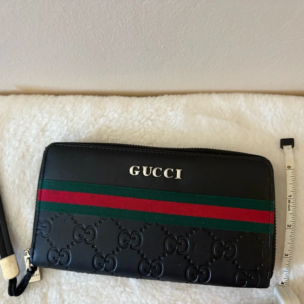 Black Leather Zip-Around Wallet with Signature Web Stripe